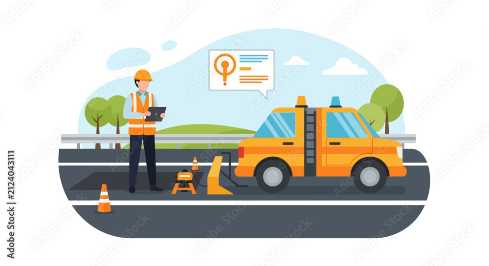 Naklejka premium Highway engineer diligently collecting data and performing site surveys on a road project