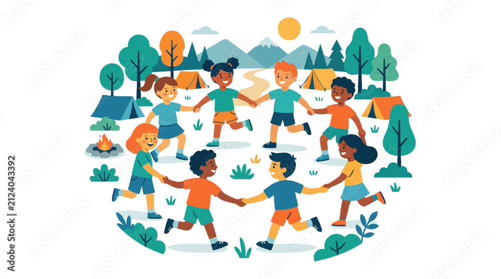 Naklejka premium Children hold hands in a circle while playing outside at a summer camping site in the forest.