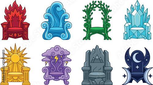 Fantasy Elemental Throne Collection with Fire Water Nature Ice Sun and Moon Designs