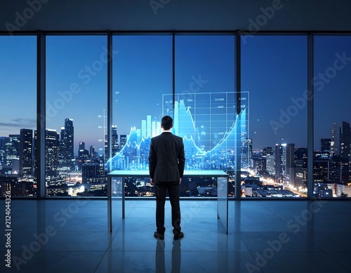 A businessman in a suit gazes at a holographic stock market graph, analyzing financial data with a futuristic cityscape as a backdrop.