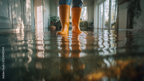 Person wearing rubber boots standing in a flooded home after water damage. Indoor flooding, property insurance, disaster recovery, emergency cleanup and restoration concept.