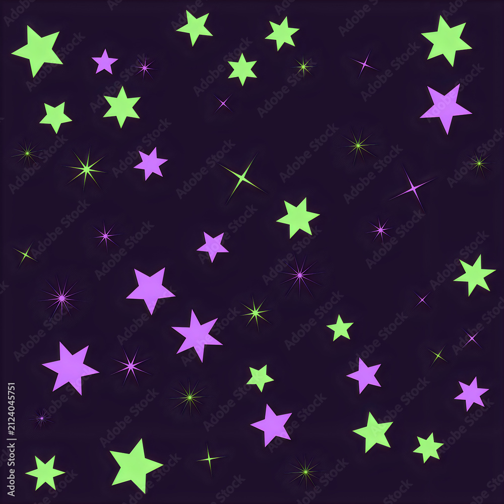 Cute hand drawn stars pattern with purple and green colors on a dark background Vector