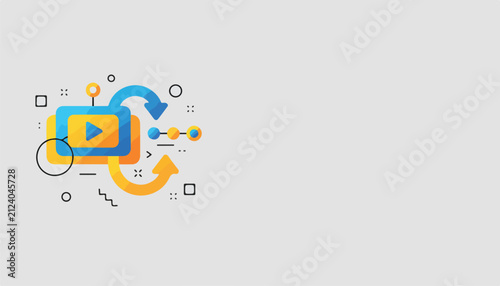 Abstract flat design illustration of a video player icon with looping arrows, symbolizing online streaming, content updates, digital media, and continuous playback.
