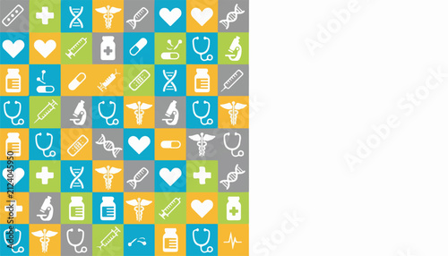 Seamless pattern of medical icons: stethoscope, DNA, heart, pills, microscope, caduceus, cross, bottle