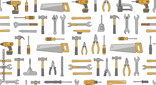 Seamless pattern of various hand and power tools: hammers, saws, drills, wrenches, screwdrivers. Perfect for construction, repair, DIY, and home improvement.