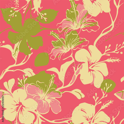 Modern tropical seamless pattern featuring cream and green hibiscus flowers and leaves on a coral pink background. Ideal for fashion and textile.