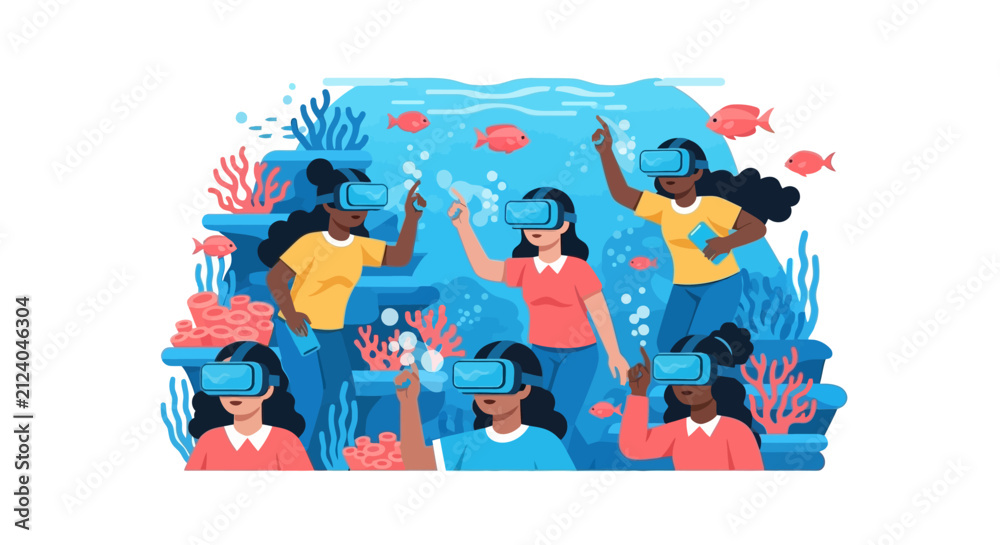 Fototapeta premium Diverse Young Women Exploring Virtual Underwater World with VR Headsets Illustration for Education and Technology