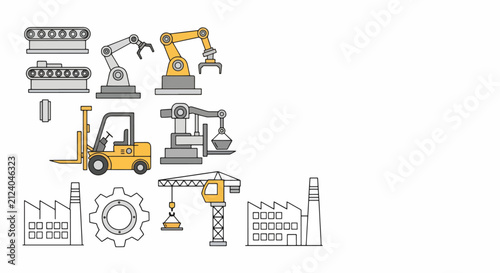 Industrial automation and manufacturing technology vector icons set. Featuring modern machinery, robots, conveyor belts, forklifts, and factory buildings.