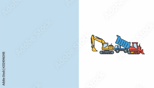 Set of cartoon construction vehicles including excavator, dump truck, and bulldozer, illustrating heavy machinery for building and earthmoving projects.