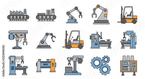 Modern flat design vector icons depicting industrial automation machinery, manufacturing equipment, robotic arms, conveyor belts, and forklifts for technology concepts.