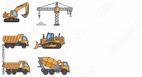 Cartoon construction vehicles set featuring excavator, crane, dump trucks, bulldozer, and cement mixer. Heavy machinery for building projects.