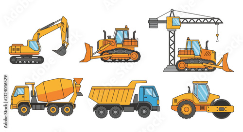 Yellow heavy construction vehicles cartoon set. Includes excavator, bulldozer, crane, cement mixer, dump truck, and road roller on white.