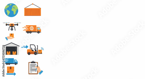 Global logistics and delivery services concept with various transportation and warehouse icons. Modern supply chain management for e-commerce.