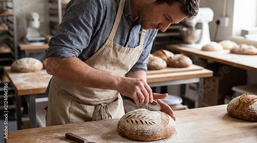 Man scoring bread dough in a bakery for professional baking and presentation