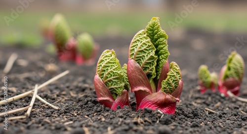 Earthy Dawn: Crimson shoots unfurl in morning's soft glow.