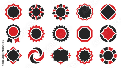 Set of red and black badge icons. Vector collection of sale labels and geometric emblems.