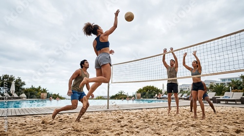 Diverse group of friends playing beach volleyball near a resort pool on a cloudy day