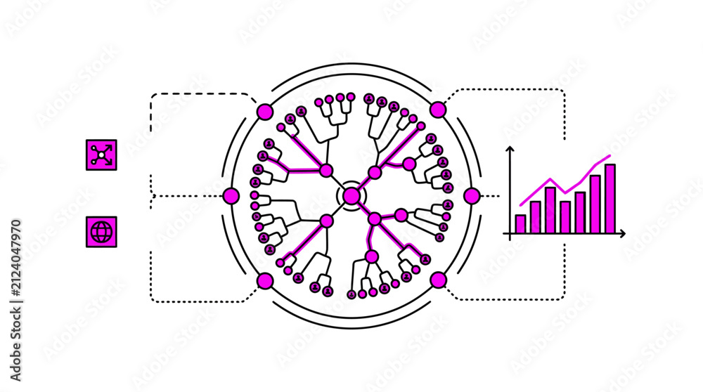 Obraz premium Circular network diagram illustration displaying interconnected nodes and branching data structures with vibrant magenta accents on a crisp white background