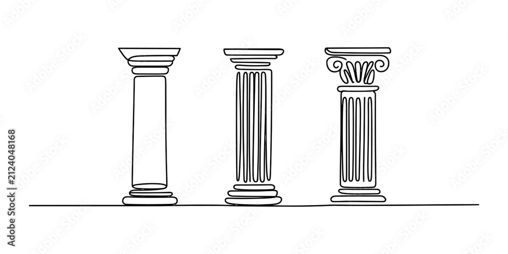 Fototapeta premium Three different styles of classic greek columns and roman pillars set drawn in a simple minimalist black line art style on a clean white background design Vector, illustration