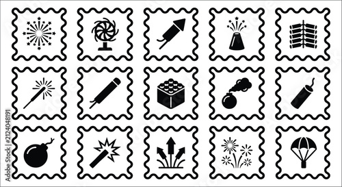 Cuadro en lienzo Fireworks and pyrotechnic devices black silhouette icons on a white background a