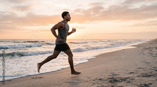 Man running barefoot on beach at sunset