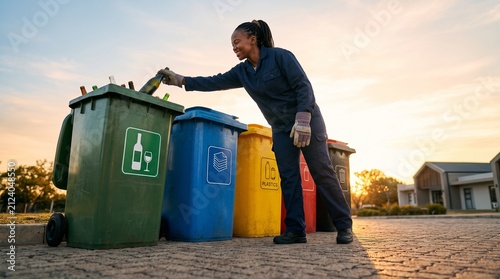 Woman recycling glass bottles into a green bin at sunset