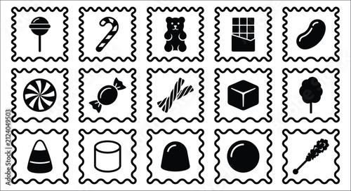 Collection Of Candy And Treat Icons In Black And White Arranged Within Decorative Stamp Frames