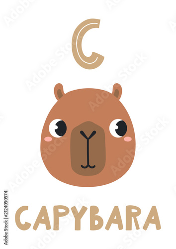 Cute capybara face, letter C, text, illustration isolated. ABC card, cartoon ...