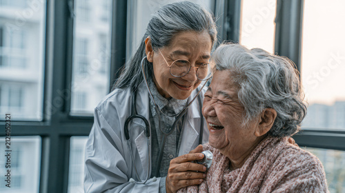 A warm and friendly doctor shares a laugh with an elderly patient in a bright and welcoming healthcare clinic
