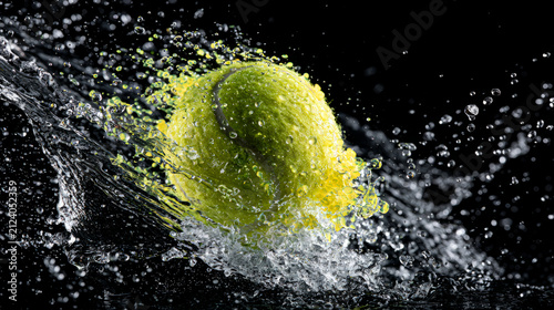 High speed impact of a tennis ball creating dynamic splashes in water showcasing energy and motion