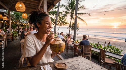 Woman enjoys coconut drink at beachside restaurant during sunset