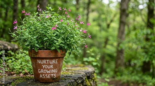 A terracotta pot with a flourishing green plant and pink blossoms, inscribed 'NURTURE YOUR GROWING ASSETS', placed outdoors in a natural woodland setting