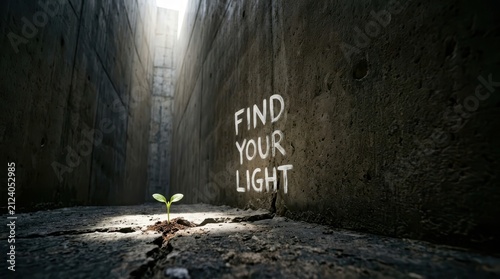 A tiny green sprout finding strength and hope amidst a dark concrete alley, illuminated by a powerful sunbeam.