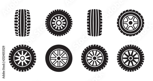 Set of black car tires and wheels with different treads on transparent background.