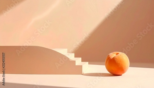 Minimalist Peach Still Life with Geometric Shapes and Soft Lighting.