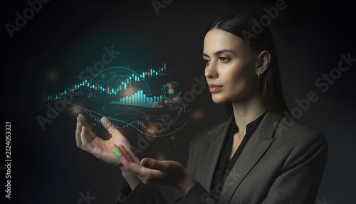 AI-Powered Financial Hologram:A professional woman in a sharp suit gazes thoughtfully at a holographic display of stock market data.