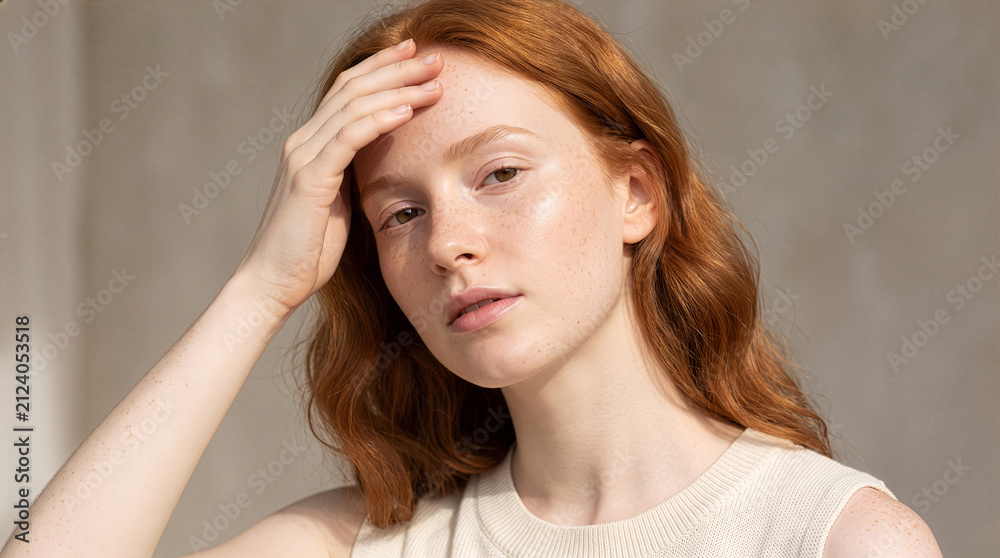 Fototapeta premium Beautiful Irish Woman Touching Forehead in Minimalist Skincare Ad