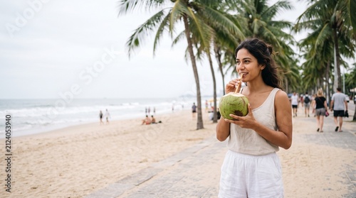 Woman enjoying fresh coconut water on a tropical beach promenade with palm trees