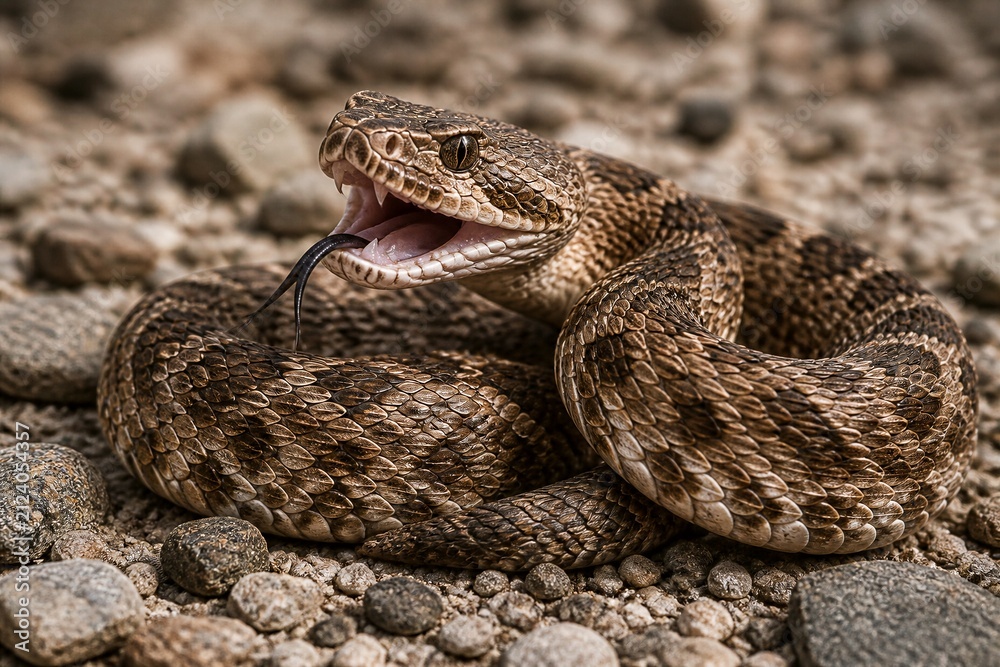 Fototapeta premium Coiled rattlesnake displaying tongue on rocky ground