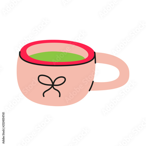 Cute hand drawn flat matcha tea drink in pink mug with bow isolated on white background. Minimalist herbal or green tea. Great for cards, banners, packaging designs, web, etc.