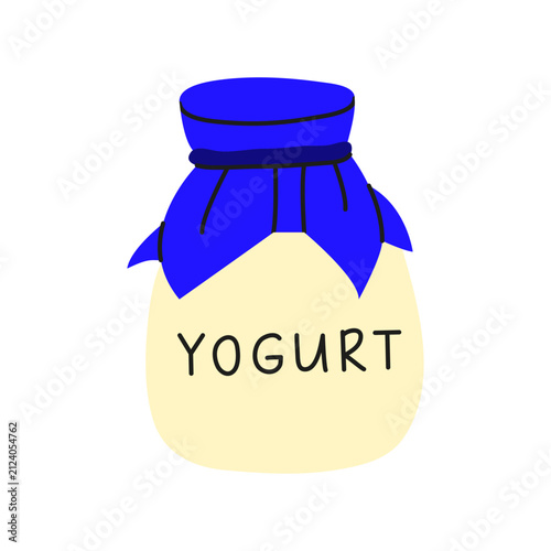 Cute flat homemade yogurt in glass jar isolated on white background. Modern old fashioned bottle of sour cream. Natural source of protein and calcium. Suitable for posters, cards, web design, etc.