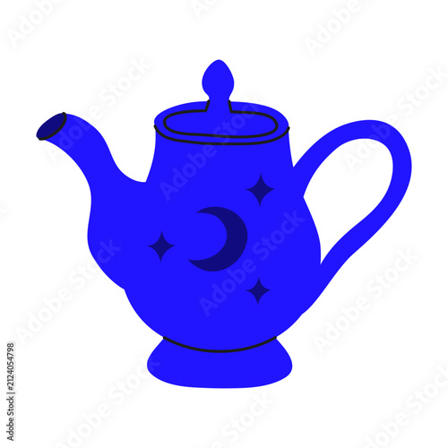 Flat hand drawn teapot with moon and stars isolated on white background. Minimalist celestial kettle. Suitable for posters, banners, cards, tea shop branding, etc. Tea ceremony illustration.