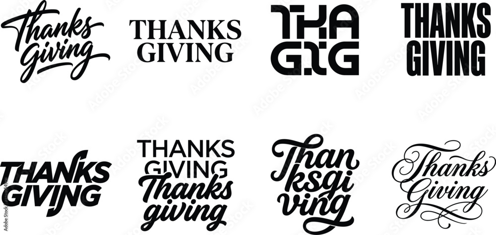 Fototapeta premium Thanksgiving typography set. Collection of holiday lettering and festive text designs. A collection of Thanksgiving typography and festive holiday lettering.