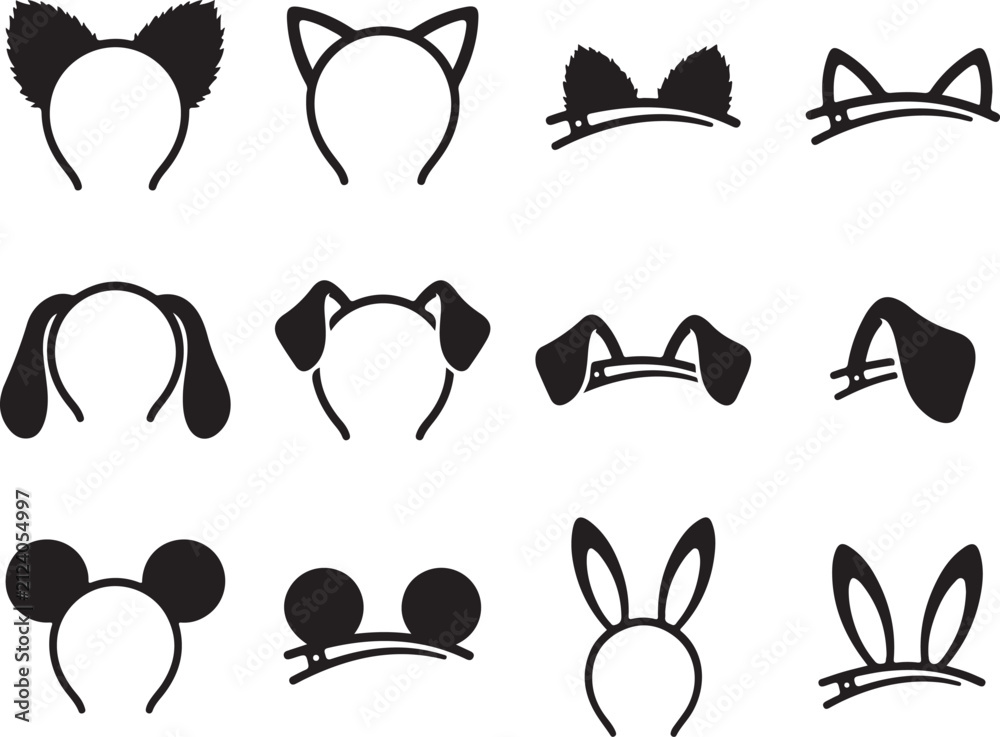 Fototapeta premium Animal ear headbands and hair clips vector set, 12 black silhouette costume accessories, cute cat and bunny ear headpieces