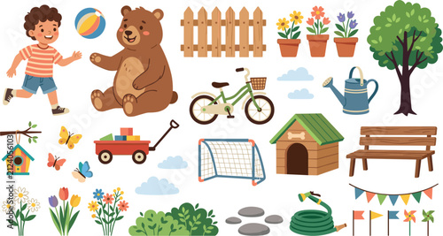 Obraz na płótnie Cute backyard garden and outdoor playtime vector clip art set featuring a running boy, friendly bear, bicycle, and gardening elements