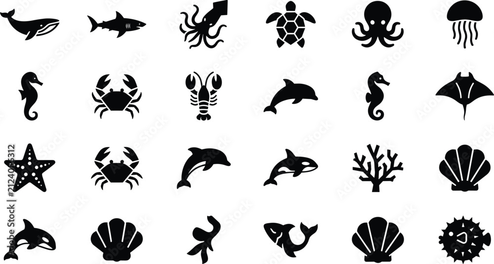 Fototapeta premium Sea life silhouette icons set featuring flat black vector elements of whale shark dolphin octopus jellyfish crab coral starfish and seashellSea life silhouette icons set featuring flat black vector el