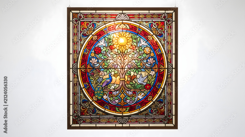 Obraz premium AI-generated glowing stained glass panel with vibrant colors and intricate patterns, isolated on pure white background, luminous cathedral-style art, 4K