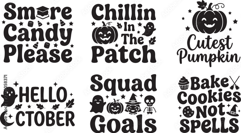 Obraz premium Halloween SVG quotes bundle, 6 spooky autumn typography designs, black pumpkin and ghost vector illustrations for t-shirts and crafts