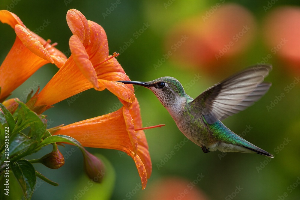 Naklejka premium Hummingbird feeding from orange trumpet flower in garden