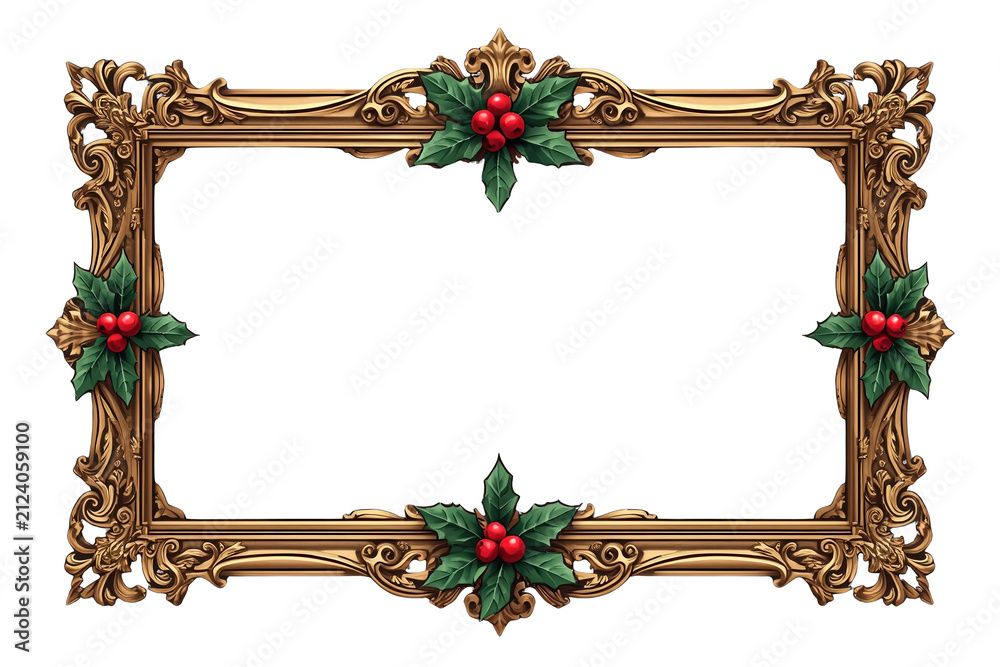 Obraz premium Ornate gold Christmas frame with holly decorations isolated on transparent background